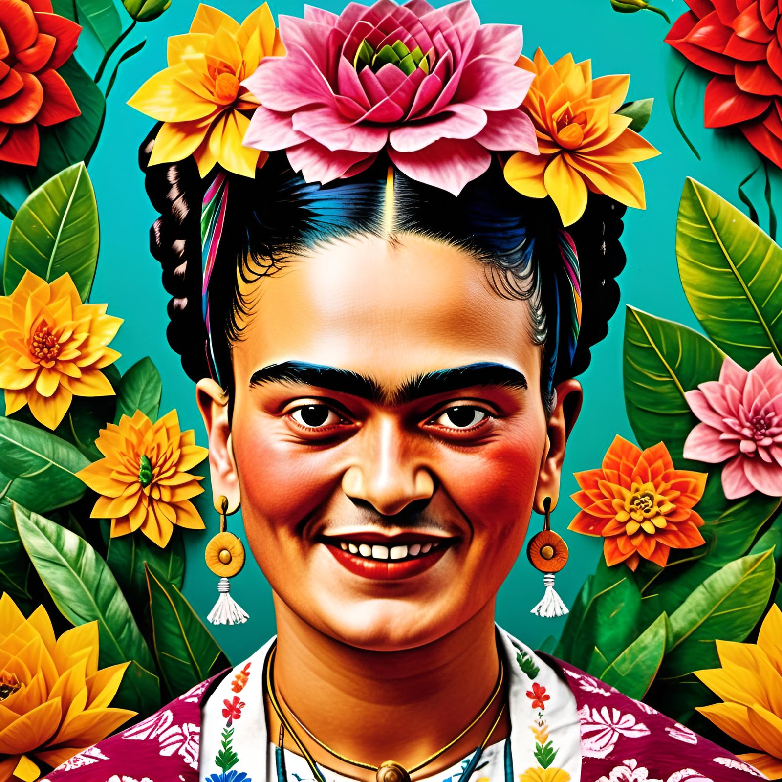 Frida Kahlo Smiling: Hyperdetailed Color Portrait