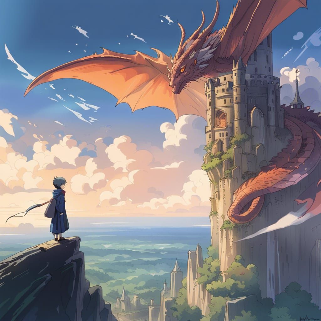 Dragonkin Sorcerer Gazing at Distant Tower: Ghibli-esque Ani...