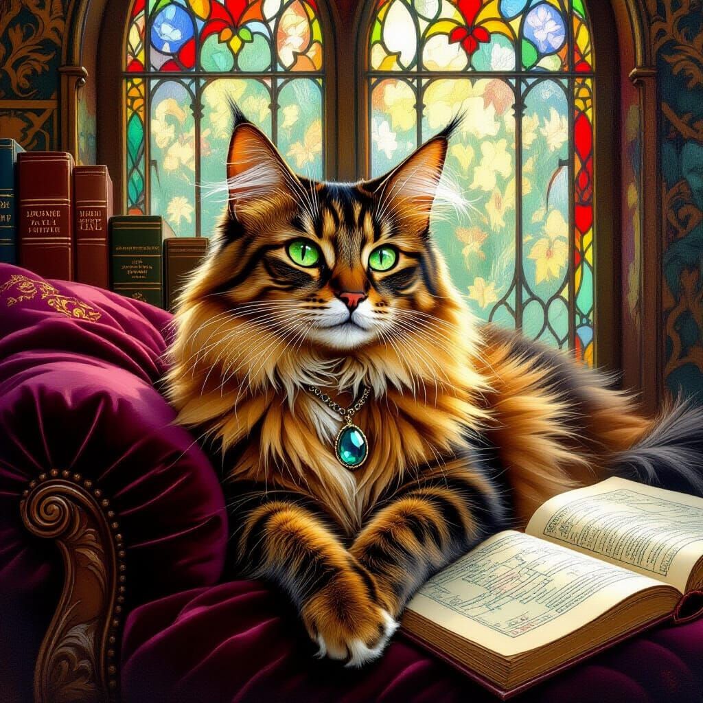 Elegant Abyssinian Cat with Sapphire Pendant, Art Nouveau St...