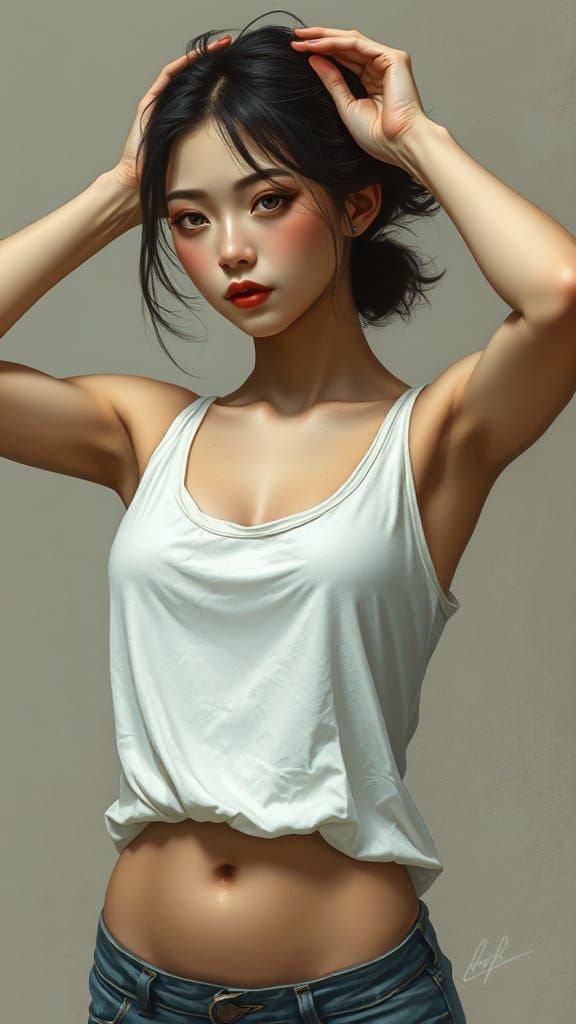 Young Woman in White Tank Top, Realistic Style
