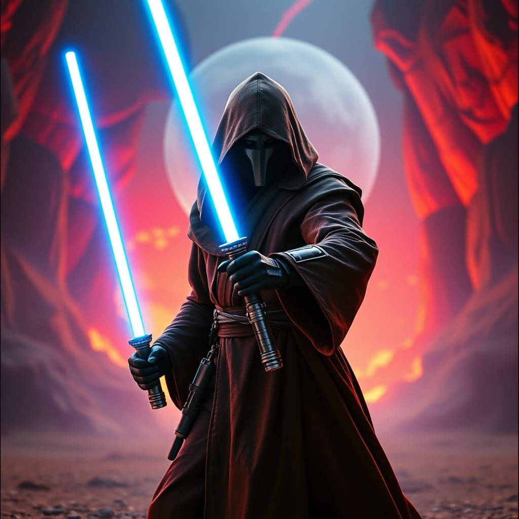 Jedi Knight Dual-Wielding Lightsabers in Epic Scene