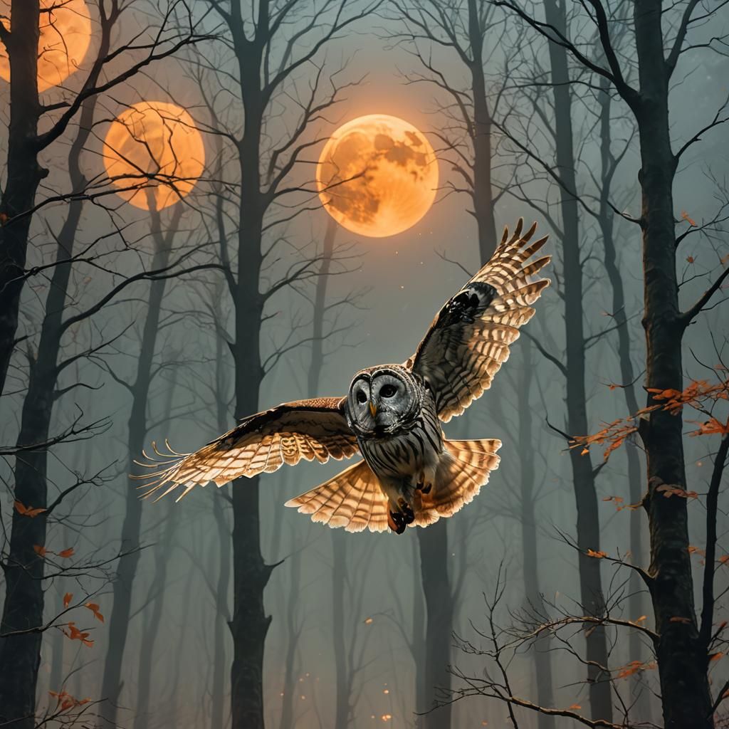 Barred Owl in Misty Forest: Watercolor Fantasy Art