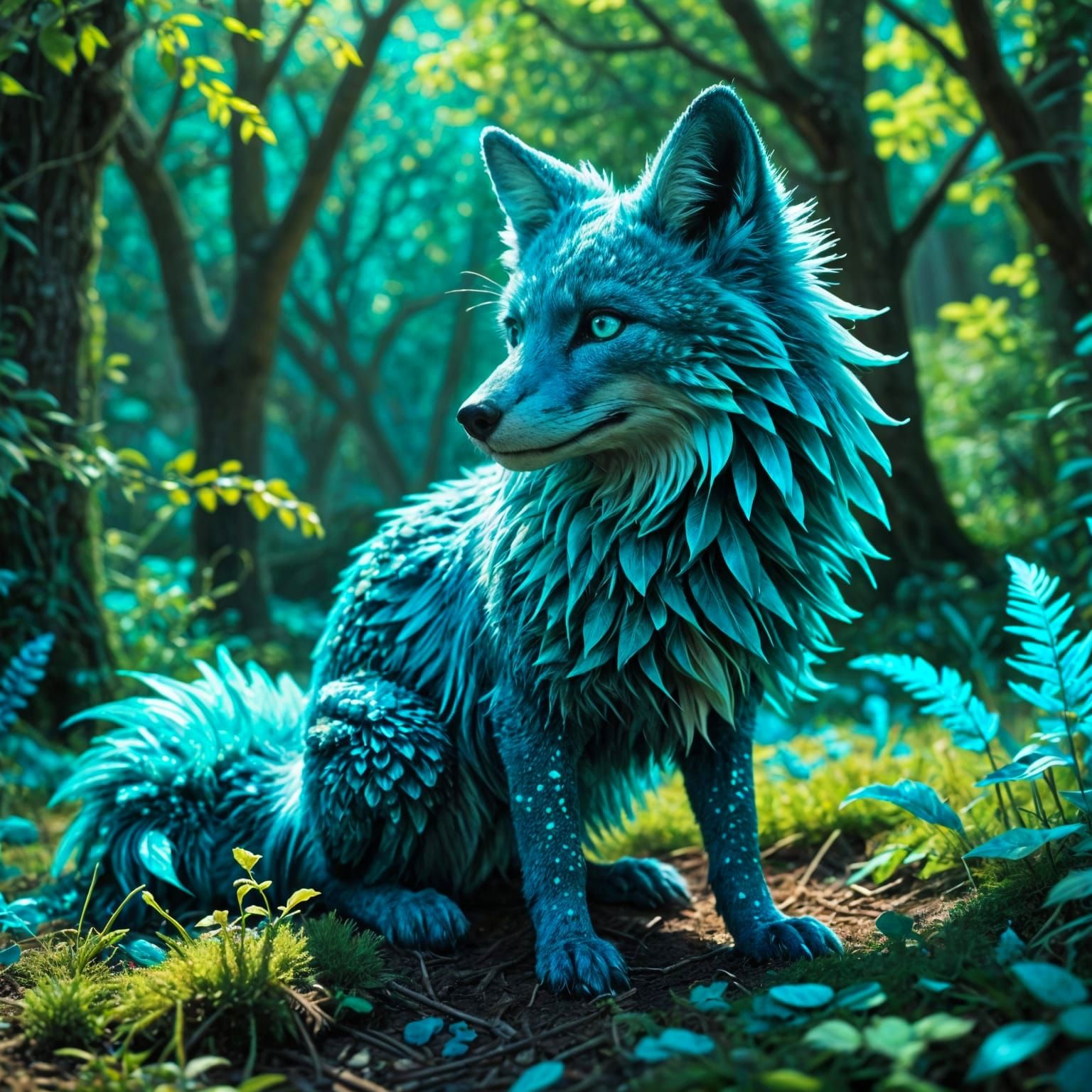 Feathered Turquoise Fox in Synthwave Glade