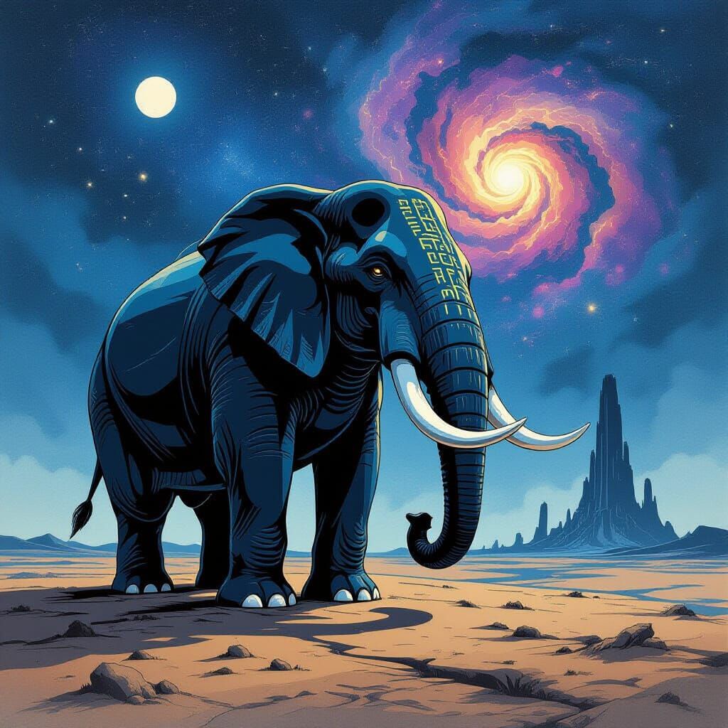Ancient Obsidian Elephant Under Cosmic Sky