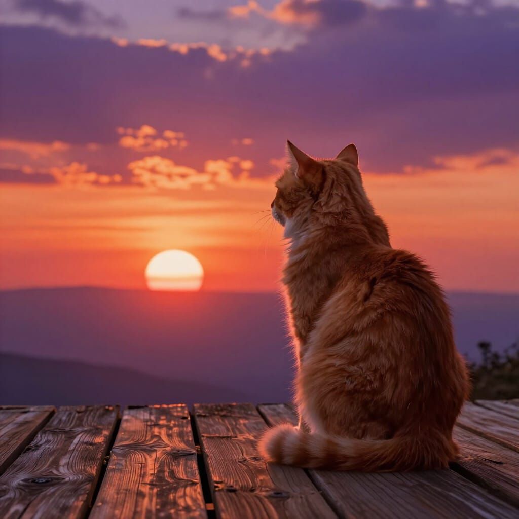 Fluffy Cat Watches Fiery Sunset on Wooden Deck