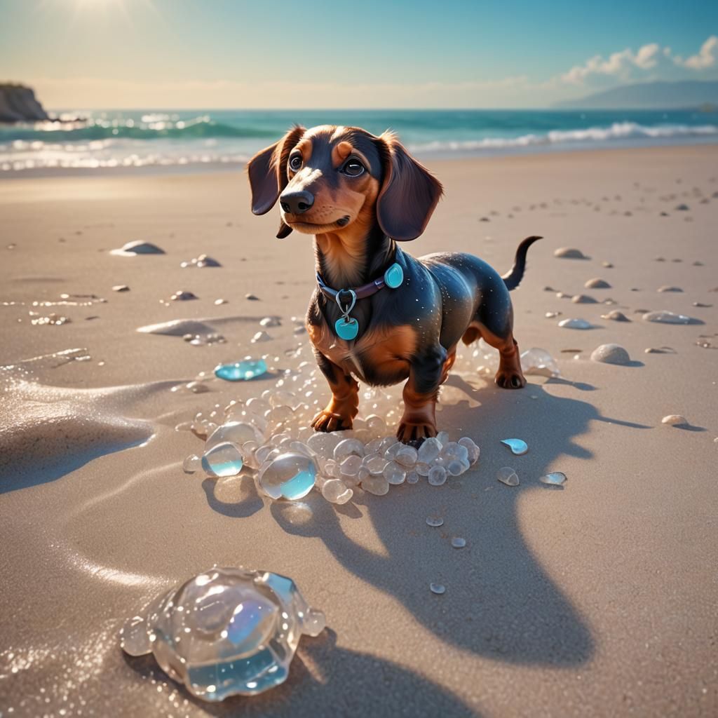 Cute Crystal Jelly Dachshund on the Beach