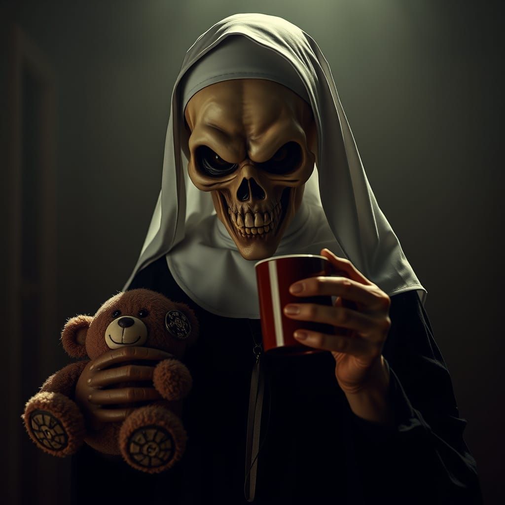 Frightening Nun With Skull Face Holds Teddy Bear and Coffee