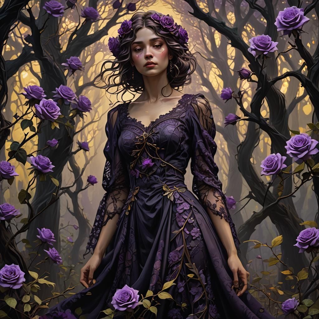 Eerie Forest Woman Surrounded by Dark Roses