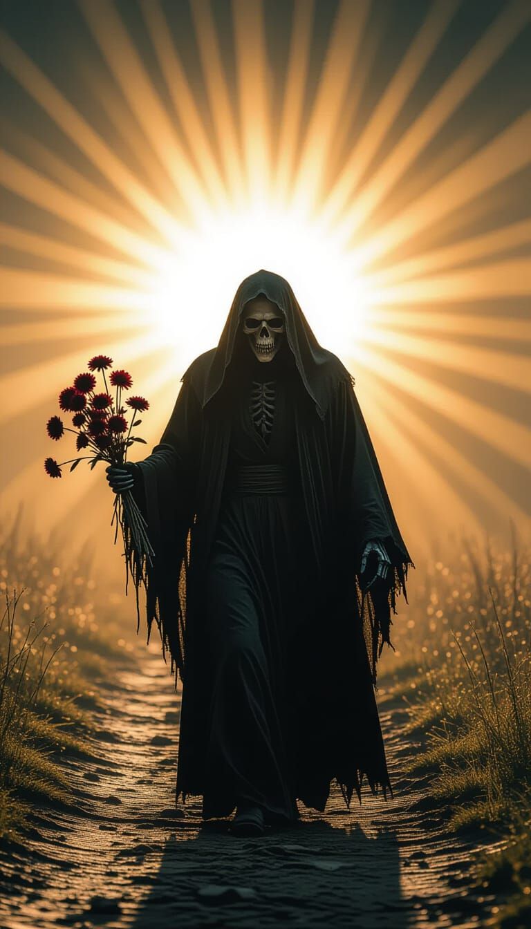Grim Reaper Walks Toward Light in Cinematic Style