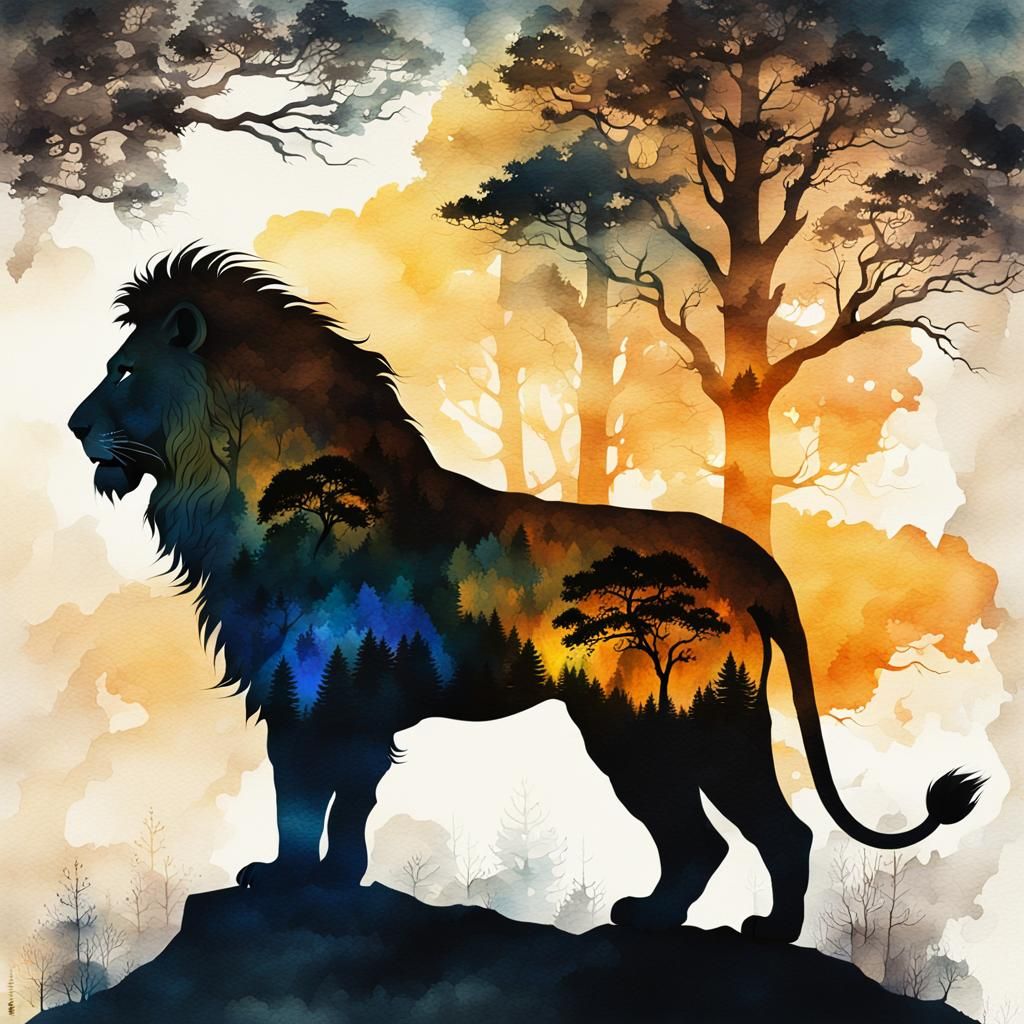 Lion Silhouette with Trees: Vintage Watercolor Art