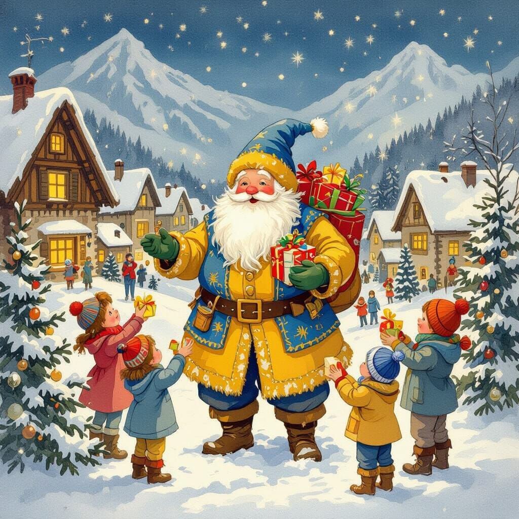 Festive Santa Claus Distributes Gifts in Snowy Village