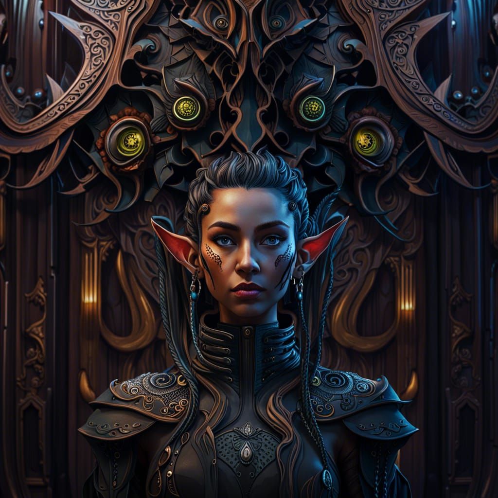 Cyberpunk Wooden Elf Portrait in Gothic Interior