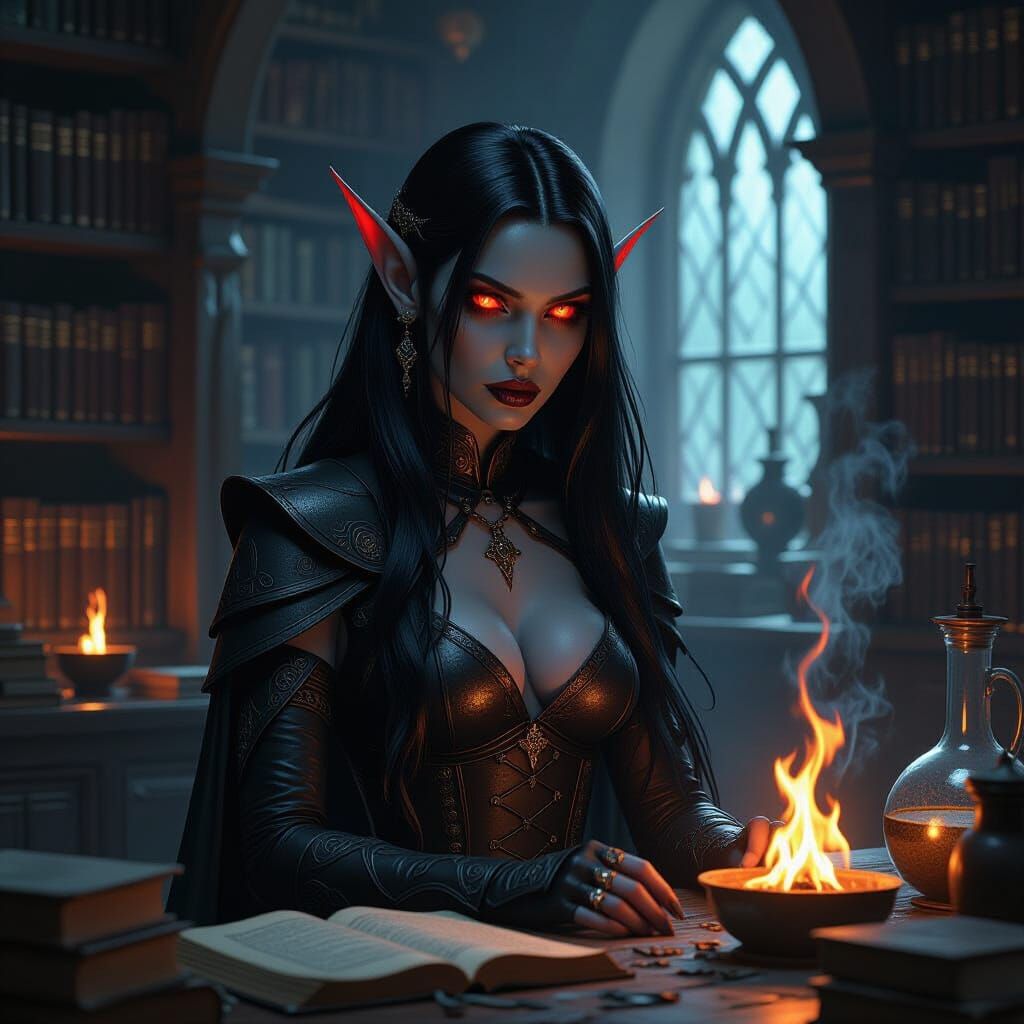 Dark Elf Sorceress in Alchemy Lab
