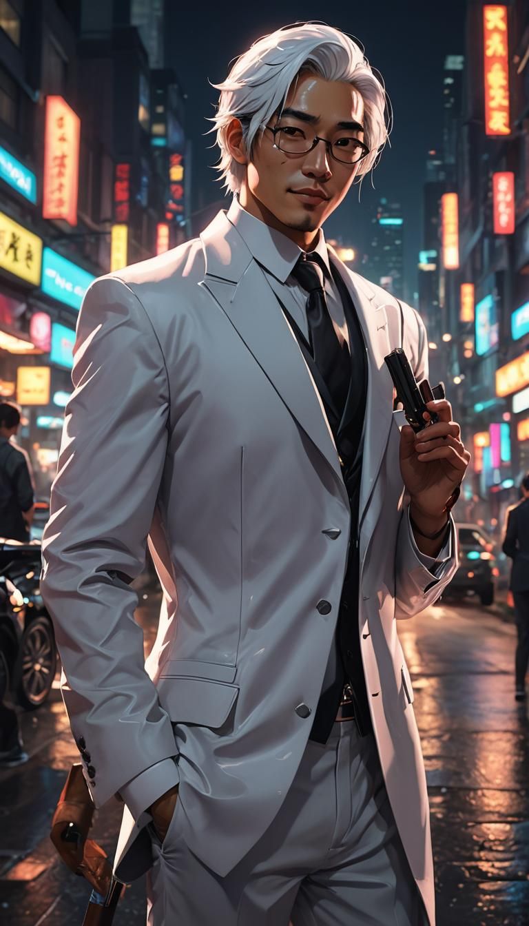 Anime Asian Man in Tuxedo with Gun, 3D Art