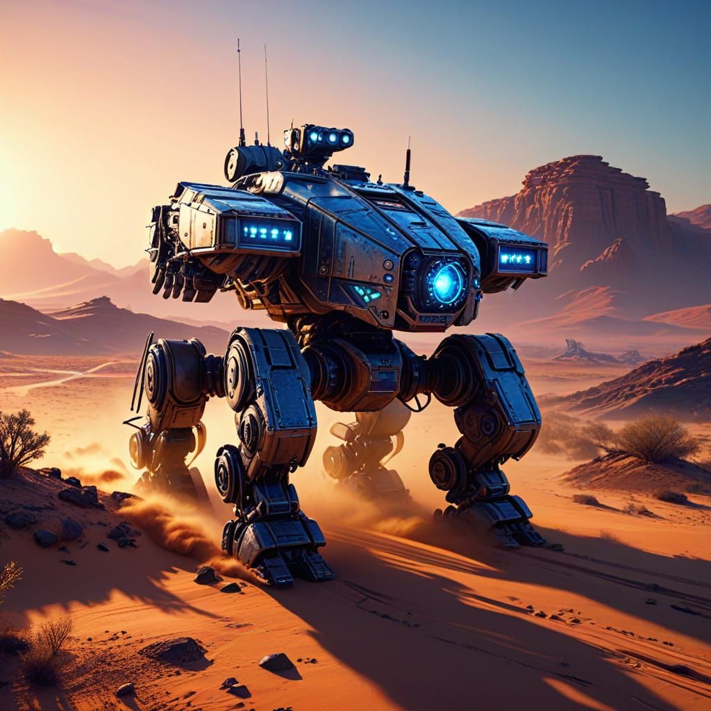 Sci-Fi Robot Tank in Desert Sunset