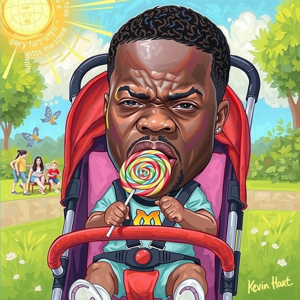 Caricature of a Baby Licking Lollipop with Adult Face