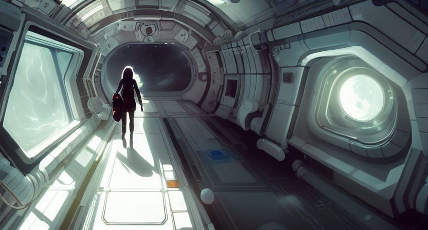Woman Walks Space Station Corridor: Hyperdetailed Concept Ar...