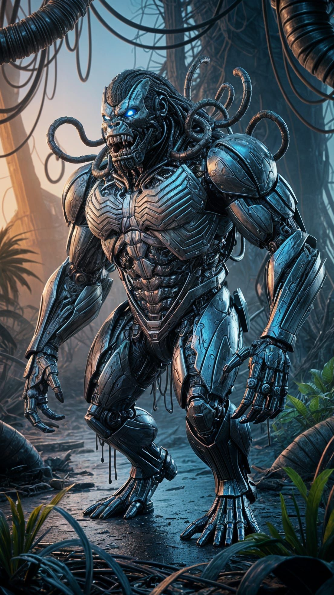 Biomechanical Gorilla Symbiote Fusion in Alien Jungle