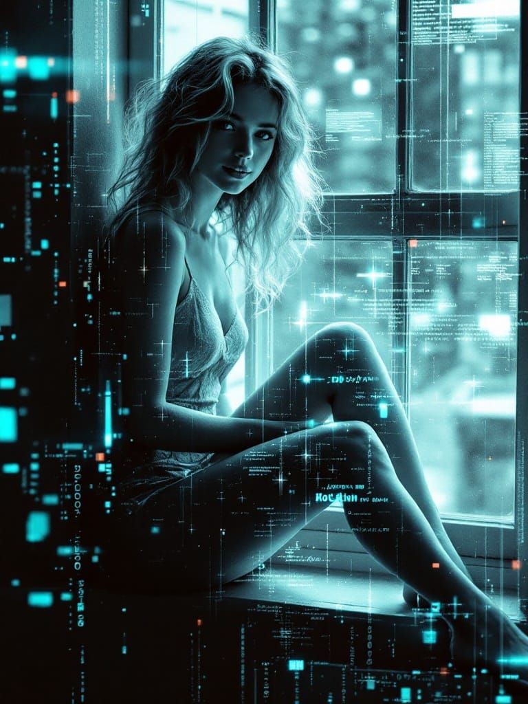 Glitch Art: Woman in Digital Reality Overlay