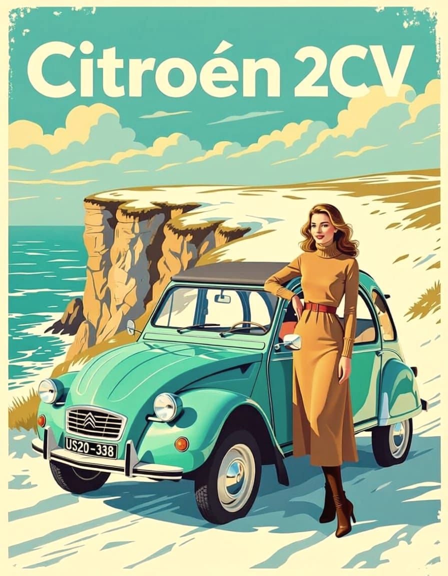 1960s Citroen 2CV Poster with French Woman in Normandy