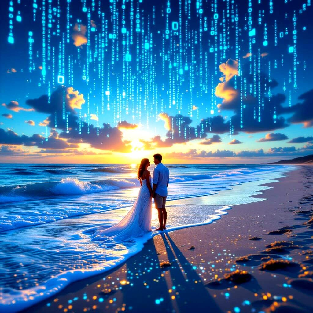 Couple on Digital Beach with Binary Ocean