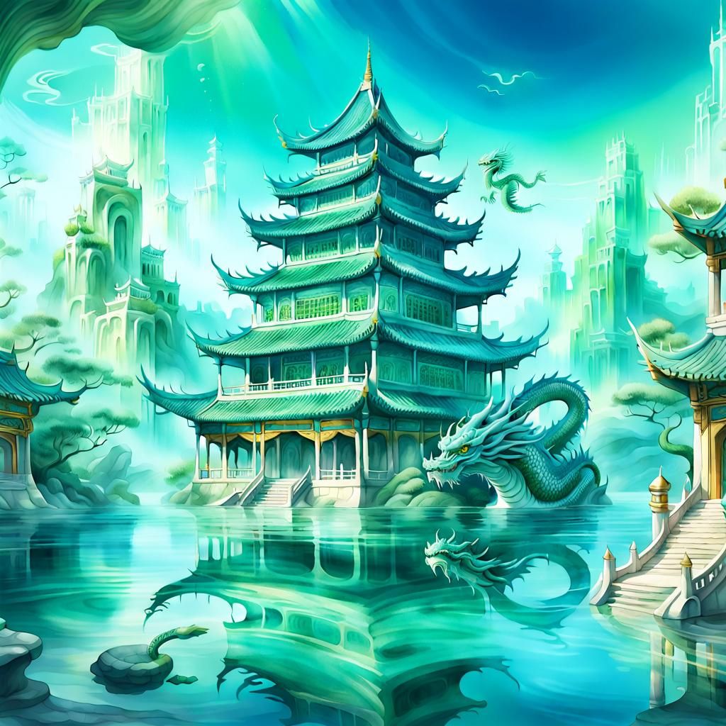 Eastern Dragon's Underwater Palace: Watercolor Illustration