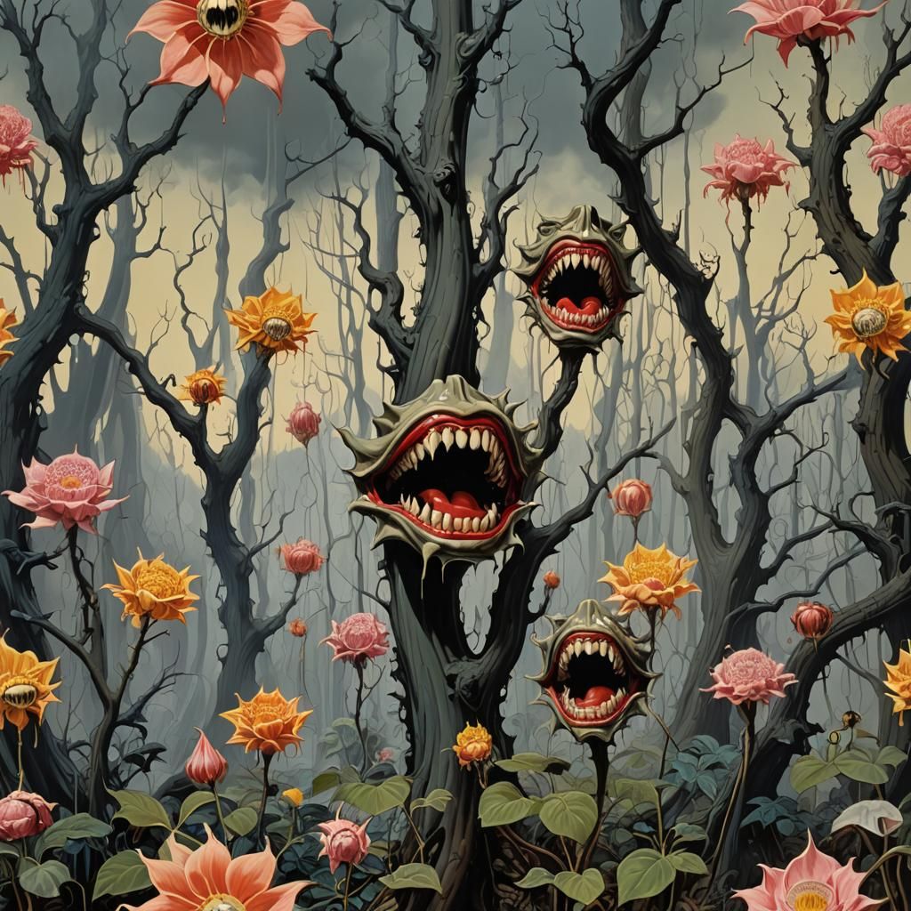 Flesh-Eating Plant with Elegant Petals in Eerie Forest