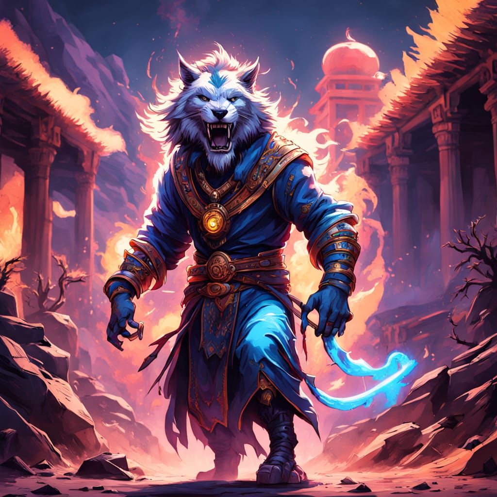 Humanoid Beast Journeying to God's Temple in Neon Fantasy Ar...