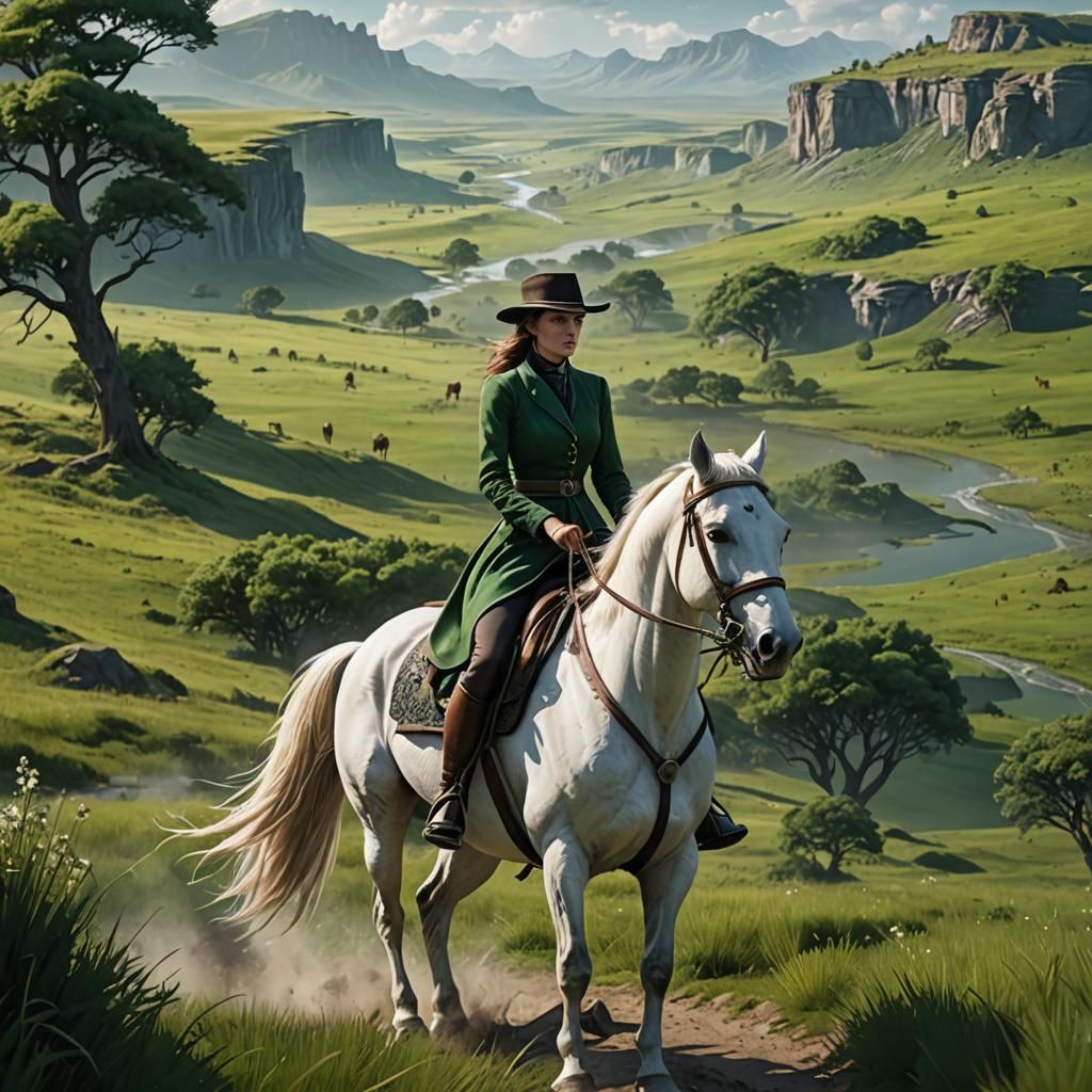 Elegant Lady Rides Horse Across Prairie Landscape