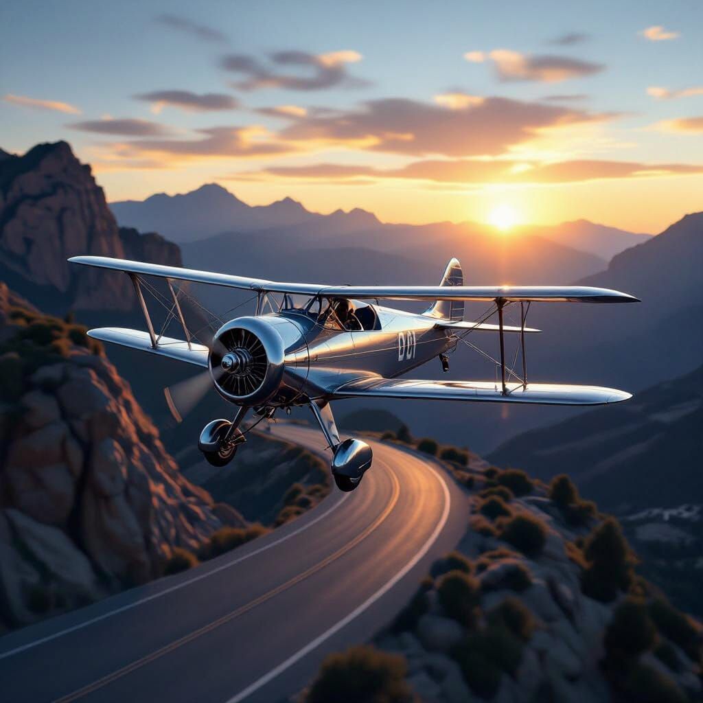 Vintage Biplane Soaring Over Mountain Road at Sunset