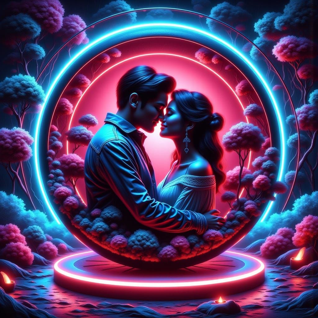 A Retro-Futuristic Couple in a Neon-Lit Love Machine