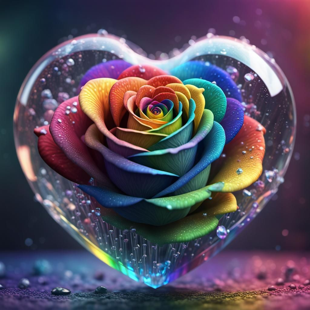 colourful rainbow rose in a colourful rainbow coloured crystal heart