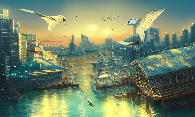 Anime Seaport Scene with Birds and Boats