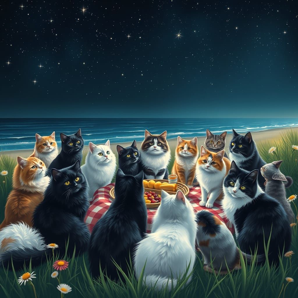 Cats' Picnic Under Astral Sky, in Cosmic Style
