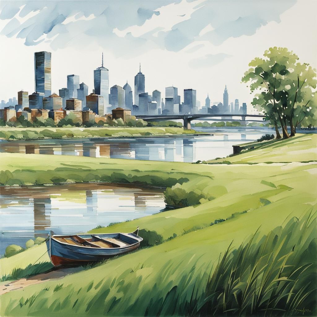 Riverside Cityscape with Boat and Grassy Bank
