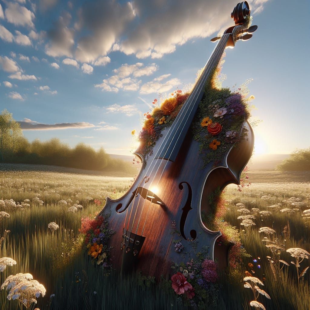 Cello in Sunny Meadow: Surreal Digital Art