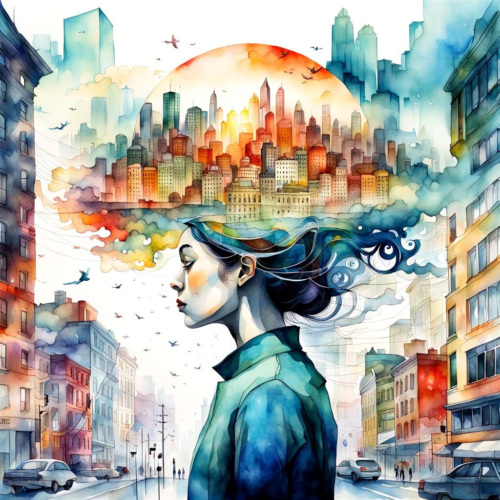 Surreal City Dreamscape in Watercolor Style