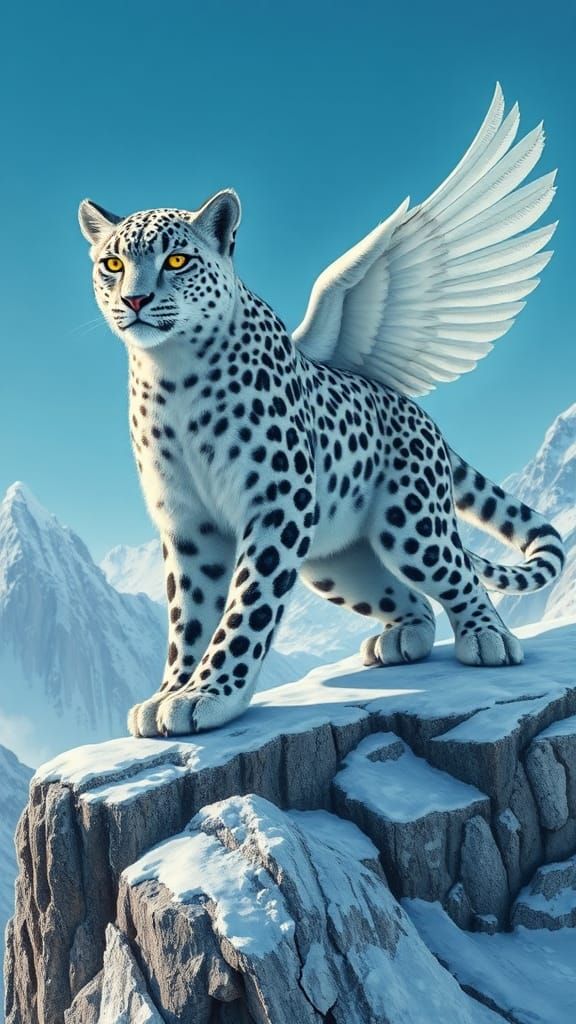 Snow Leopard Snowy Owl Hybrid on Mountain Ledge