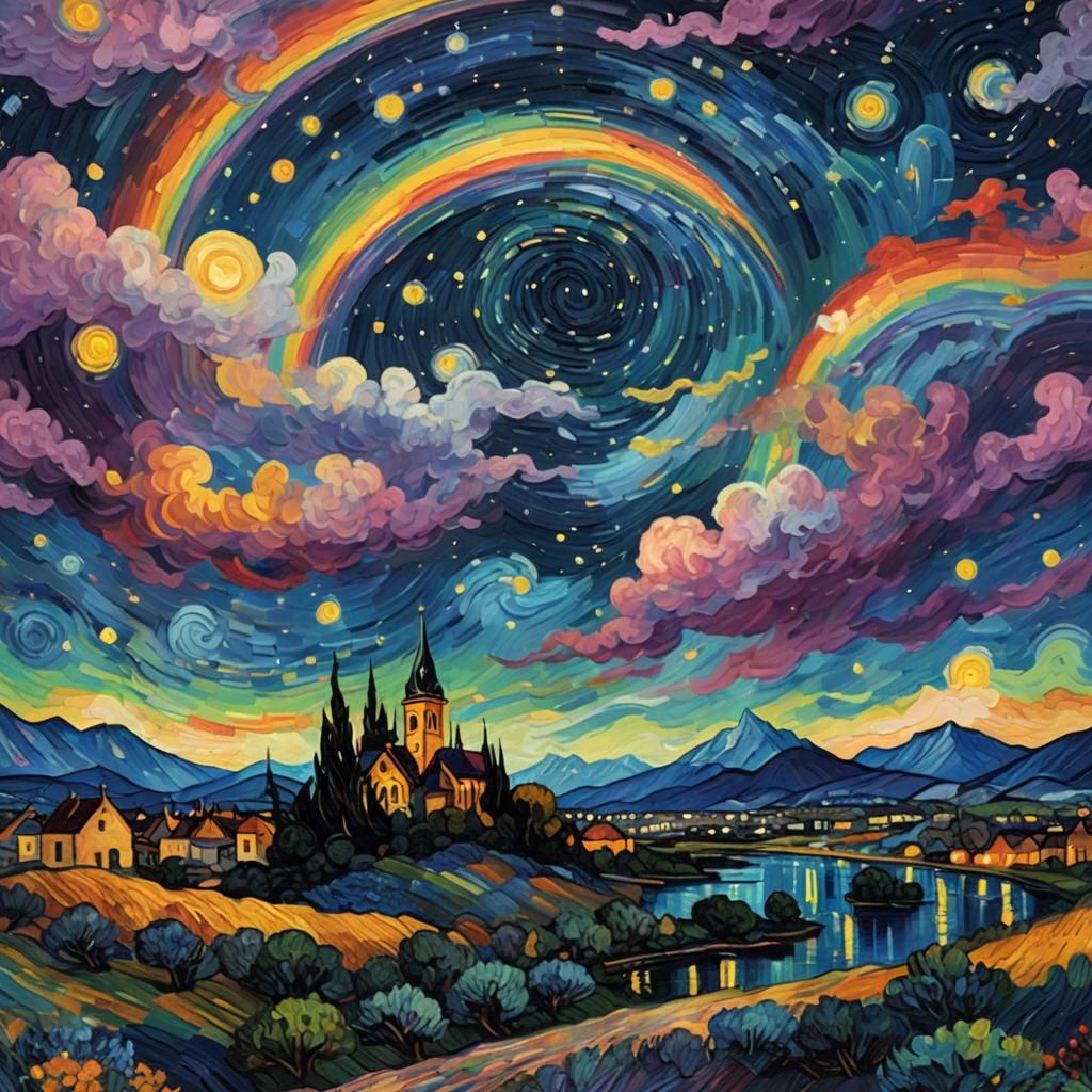 Rainbow Over Starry Night in Van Gogh Style