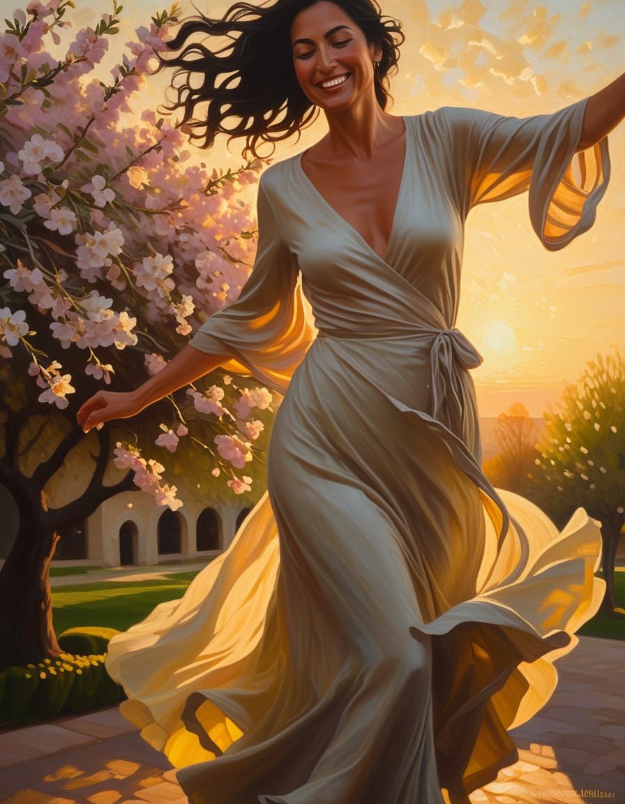 Woman Dancing in Blossoms: Romantic Realism Oil Painting