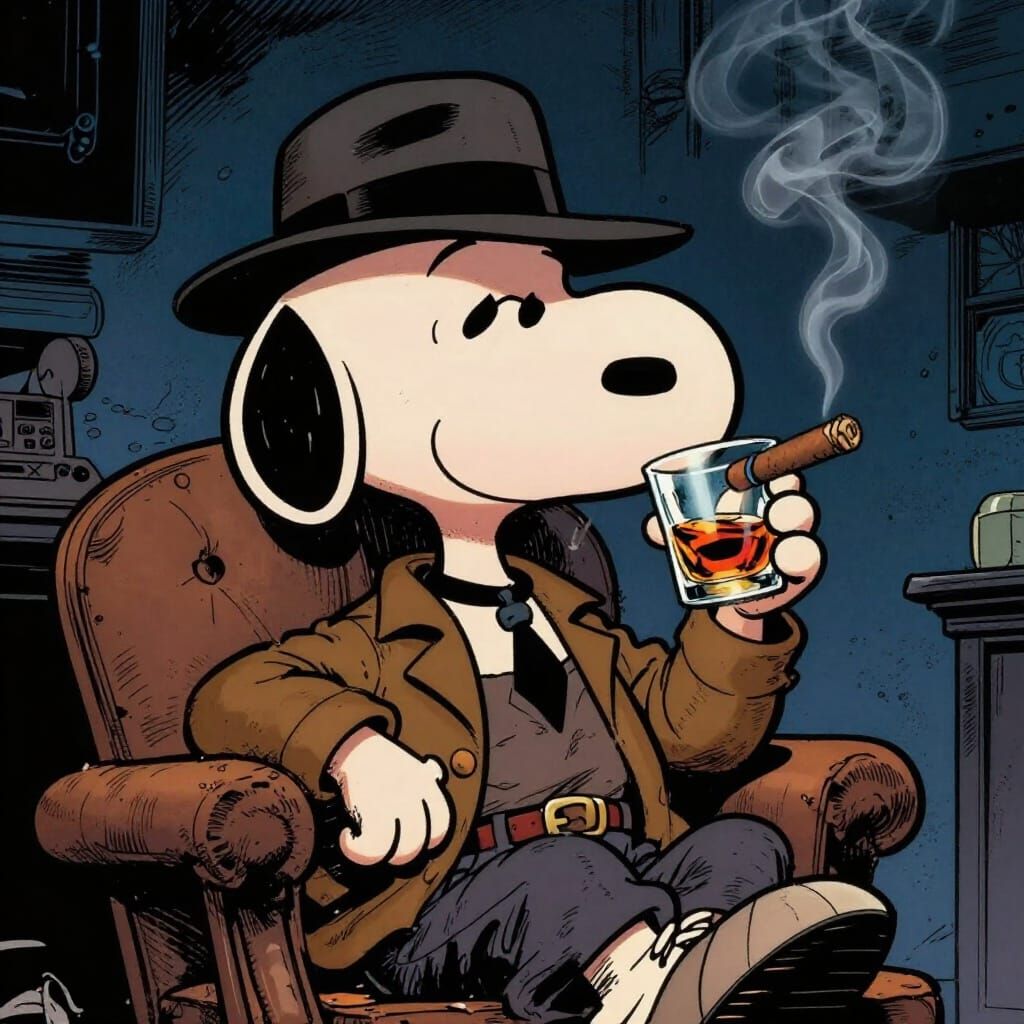 Gangster Snoopy Sipping Rum in Noir Comic Style