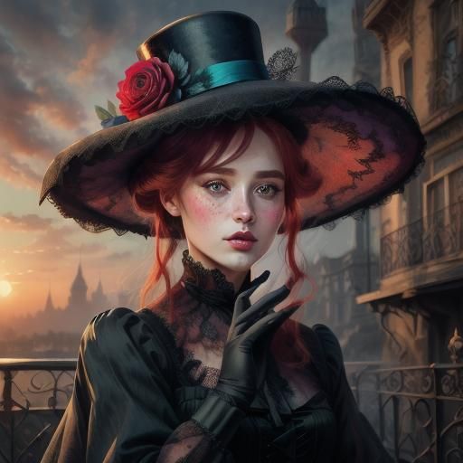Gothic Steampunk Girl with Red Hair and Roses