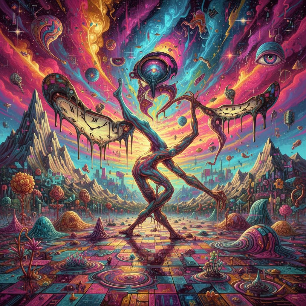 Surreal Dreamscape with Melting Objects and Vibrant Colors