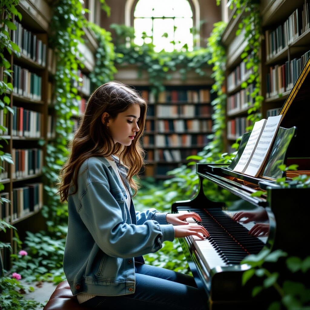 Teenage Girl Plays Piano in Vine-Covered Abandoned Library