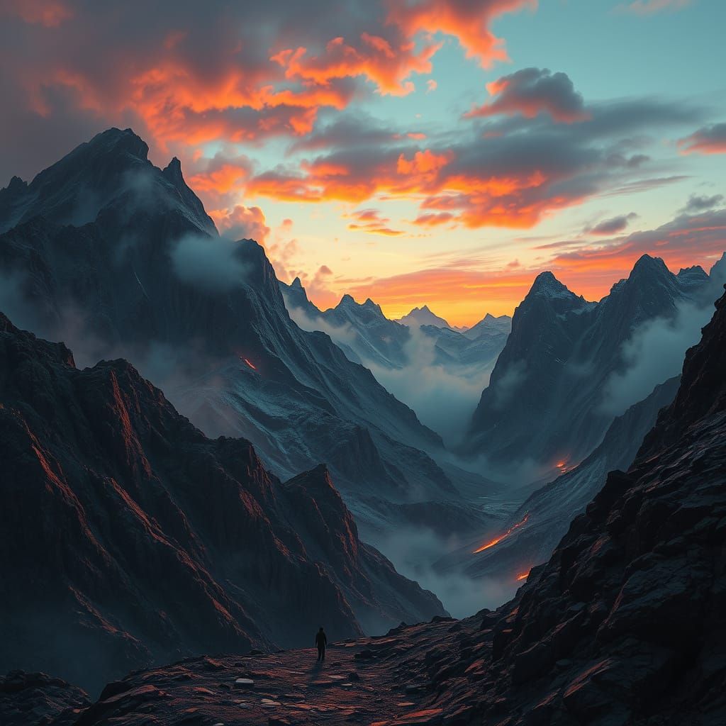 Volcanic Peaks at Dusk in Gritty, Vibrant Style