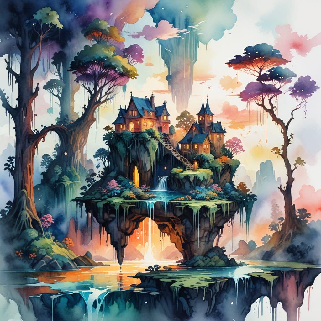 Vibrant Surrealism in Watercolour: Whimsical Floating Island