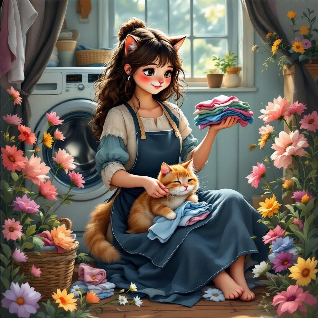 Ginger Cat Folds Laundry in Storybook Style