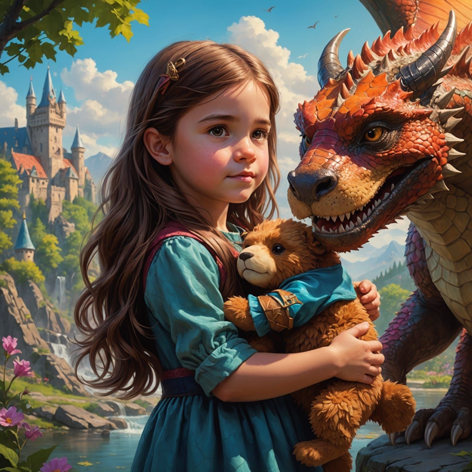 Girl and Teddy Bear Petting a Dragon