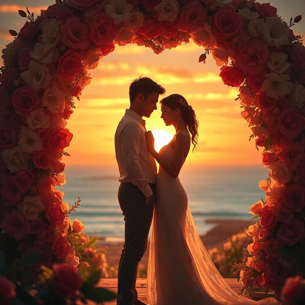 Lovers Embracing Under Flower Arch in Art Nouveau Style