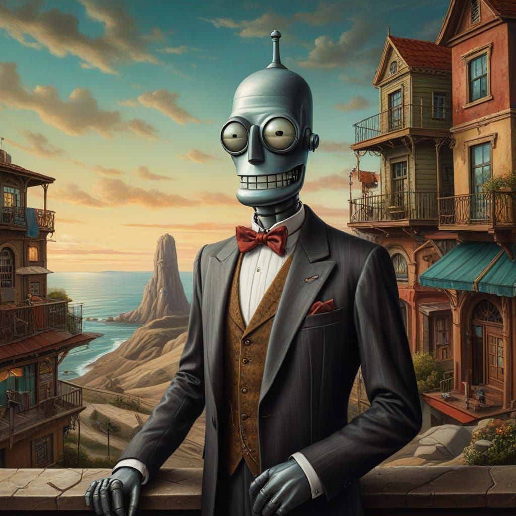 Surreal Gentleman Bender in Futuristic Vintage Attire